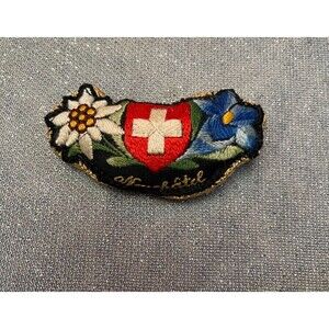 Vintage Swiss Ski Patch Pin Neuchatel Boho Winter Embroidered Floral Retro 70s